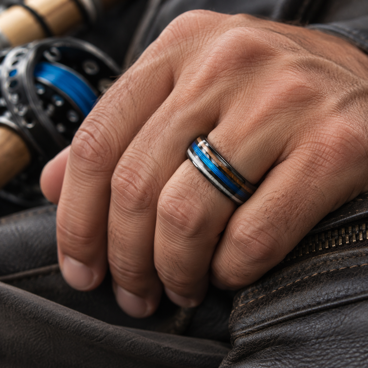 Hand wearing a ring with a blue accent, resting on leather.